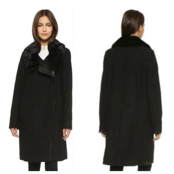 VINCE Real Fur Collar Coat Asymmetrical Wool Blend Leather Trim Long